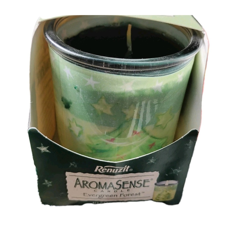 Vintage Renuzit‎ AROMASENSE Candle "Evergreen Forest" Glass Christmas 6.5 oz NOS